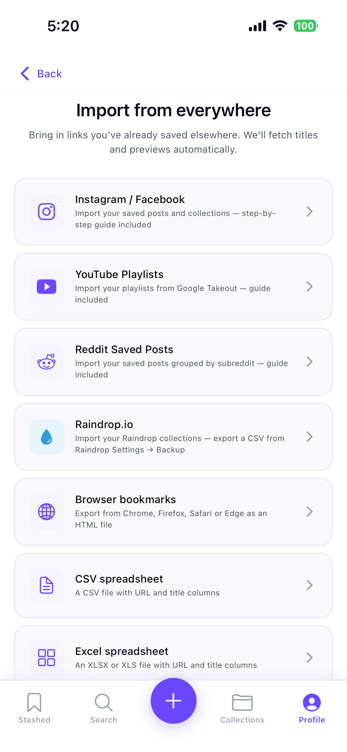 Stashly import screen showing platform sources