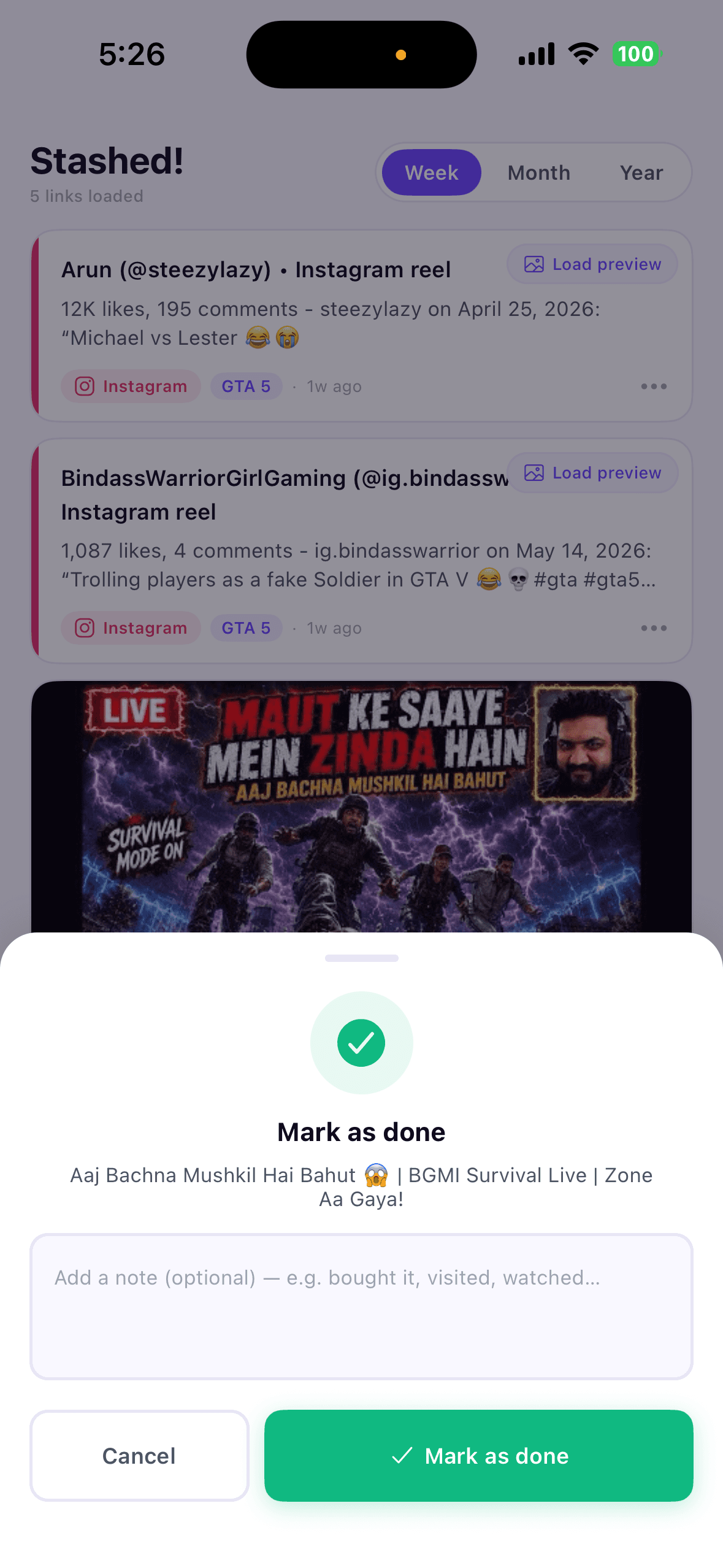 Stashly mark as done action on a saved link