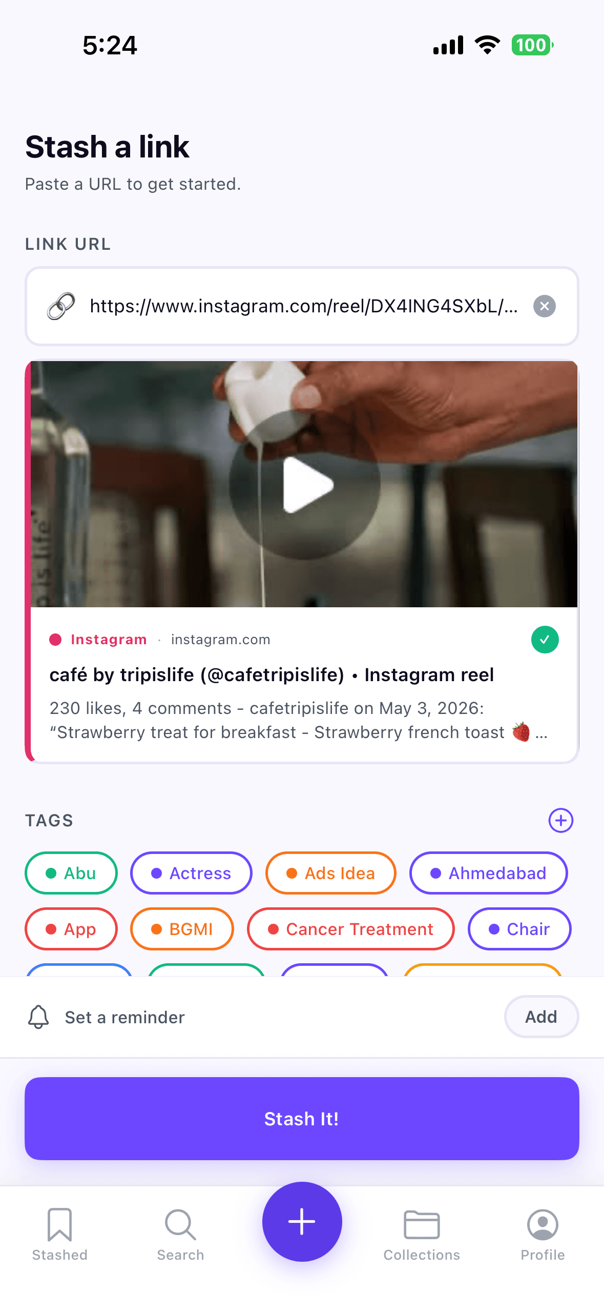 Stashly reminder setup on a saved link